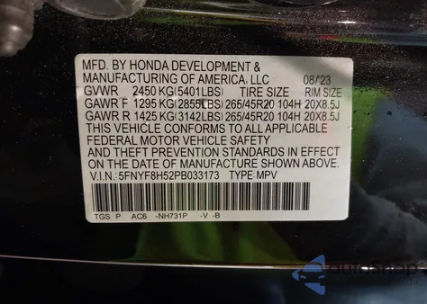 2023 Honda Passport Awd Ex-L from USA, damaged, VIN 5FNYF8H52PB033173